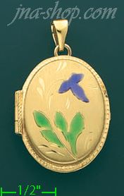 14K Gold Enamel Dia-Cut & Etched Flower Oval Italian Locket Char - Click Image to Close