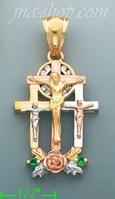 14K Gold Triple Crucifix Fancy CZ Cross Charm Pendant - Click Image to Close