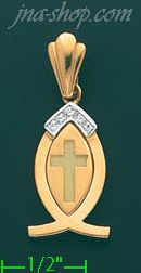 14K Gold Ichthys Fish Christianity Symbol w/Cross CZ Charm Penda - Click Image to Close