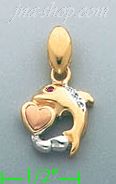 14K Gold Dolphin w/Heart CZ Charm Pendant - Click Image to Close