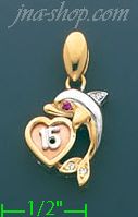 14K Gold Dolphin w/15 Años Heart CZ Charm Pendant - Click Image to Close