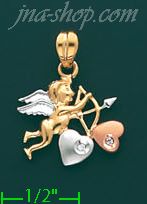 14K Gold Cupid w/Bow & Arrow & Hearts CZ Charm Pendant - Click Image to Close