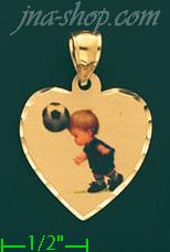 14K Gold Little Boy Playing Soccer Heart Picture Charm Pendant - Click Image to Close