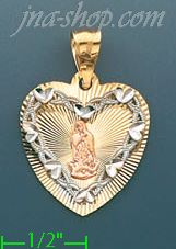 14K Gold Virgin of Guadalupe Heart 3Color Stamp Charm Pendant - Click Image to Close