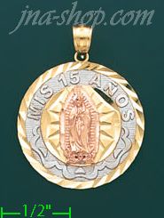 14K Gold Mis 15 Años Virgin of Guadalupe 3Color Stamp Charm Pend - Click Image to Close