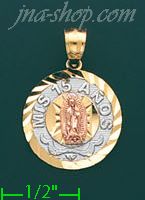 14K Gold Mis 15 Años Virgin of Guadalupe 3Color Stamp Charm Pend - Click Image to Close
