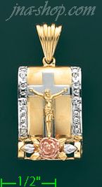 14K Gold Crucifix w/Rose 3Color Stamp Charm Pendant - Click Image to Close