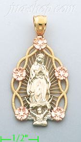 14K Gold Virgin of Guadalupe 3Color Stamp Charm Pendant - Click Image to Close