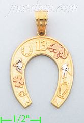 14K Gold Horseshoe w/Good Luck Symbols Lucky Charm Pendant - Click Image to Close