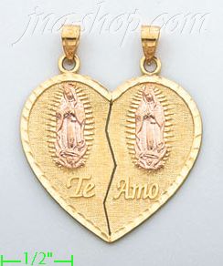 14K Gold Te Amo 2-piece Split Heart w/Virgin of Guadalupe Charm - Click Image to Close