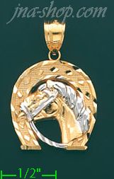 14K Gold Horseshoe & Horsehead Charm Pendant - Click Image to Close
