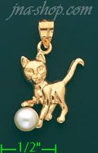 14K Gold Cat Playing w/Pearl Ball Charm Pendant - Click Image to Close