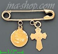 14K Gold Safety Pin w/2 Charms Baptism & Cross Italian Pin Charm - Click Image to Close