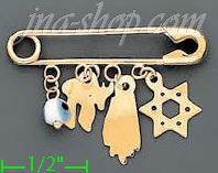 14K Gold Safety Pin w/4 Good Luck harms Italian Pin Charm Pendan - Click Image to Close
