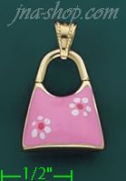 14K Gold 3D Pink Purse w/Flowers Enamel Charm Pendant - Click Image to Close