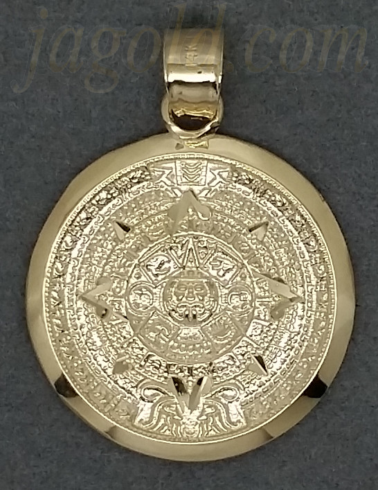 14K Gold Aztec Sun Calendar Charm Pendant - Click Image to Close