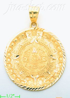 14K Gold Aztec Sun Calendar Dia-Cut Charm Pendant - Click Image to Close
