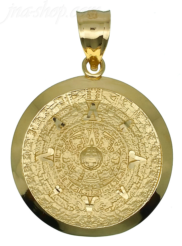 14K Gold Aztec Sun Calendar Charm Pendant 25mm - Click Image to Close