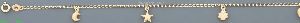 14K Gold Moon Star Clover Charm Anklet 10"