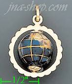 14K Gold 3D Spinning World Globe Enamel Charm Pendant