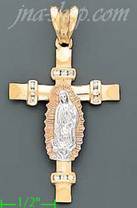 14K Gold Virgin of Guadalupe Crucifix CZ Cross Charm Pendant