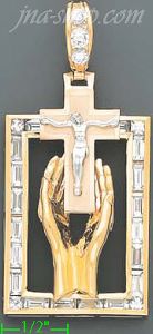 14K Gold Hands Holding Cross Crucifix CZ Charm Pendant
