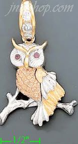 14K Gold Eared Owl on Branch CZ Charm Pendant