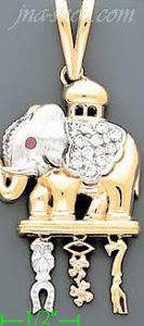 14K Gold Elephant w/Good Luck Symbols CZ Charm Pendant