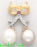 14K Gold Bow w/Pearls CZ Charm Pendant