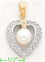 14K Gold Heart w/Pearl in Center CZ Charm Pendant