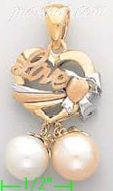 14K Gold Love Heart w/2 Dangling Pearls CZ Charm Pendant