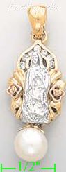 14K Gold Virgin of Guadalupe w/Dangling Pearl CZ Charm Pendant