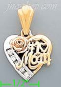14K Gold #1 Mom Heart w/Rose CZ Charm Pendant