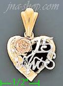 14K Gold 15 Años Heart w/Rose CZ Charm Pendant