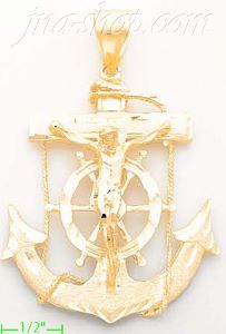 14K Gold Anchor Crucifix Cross Dia-Cut Charm Pendant