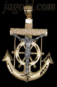 14K White/Yellow Gold Diamond-cut Crucifix Cross Anchor Pendant