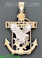 14K Gold Striking Eagle Anchor 3Color Dia-Cut Charm Pendant