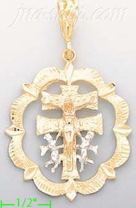 14K Gold Caravaca Cross Religious 3Color Dia-Cut Charm Pendant