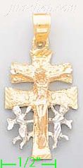 14K Gold Caravaca Cross Religious 3Color Dia-Cut Charm Pendant