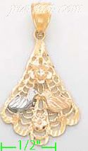 14K Gold 2 Birds Kissing 3Color Dia-Cut Charm Pendant