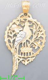 14K Gold Pheasant Peacock 3Color Dia-Cut Charm Pendant