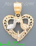 14K Gold Heart w/Birds Kissing 3Color Dia-Cut Charm Pendant