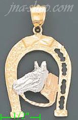 14K Gold Horseshoe w/Horse Head 3Color Dia-Cut Charm Pendant