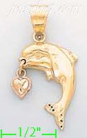 14K Gold Dolphin w/Dangling Heart 3Color Dia-Cut Charm Pendant