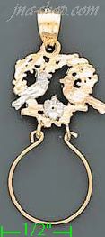 14K Gold Heart w/Birds in Love Nest Charm Holder 3Color Dia-Cut