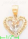 14K Gold Heart w/Rose 3Color Dia-Cut Charm Pendant
