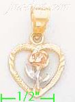 14K Gold Heart w/Rose 3Color Dia-Cut Charm Pendant