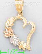 14K Gold Heart w/Leaves 3Color Dia-Cut Charm Pendant