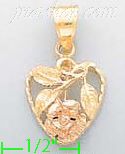 14K Gold Heart w/Rose 3Color Dia-Cut Charm Pendant