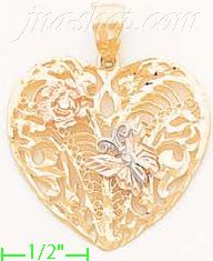 14K Gold Filigree Heart w/Butterly & Flower 3Color Dia-Cut Charm